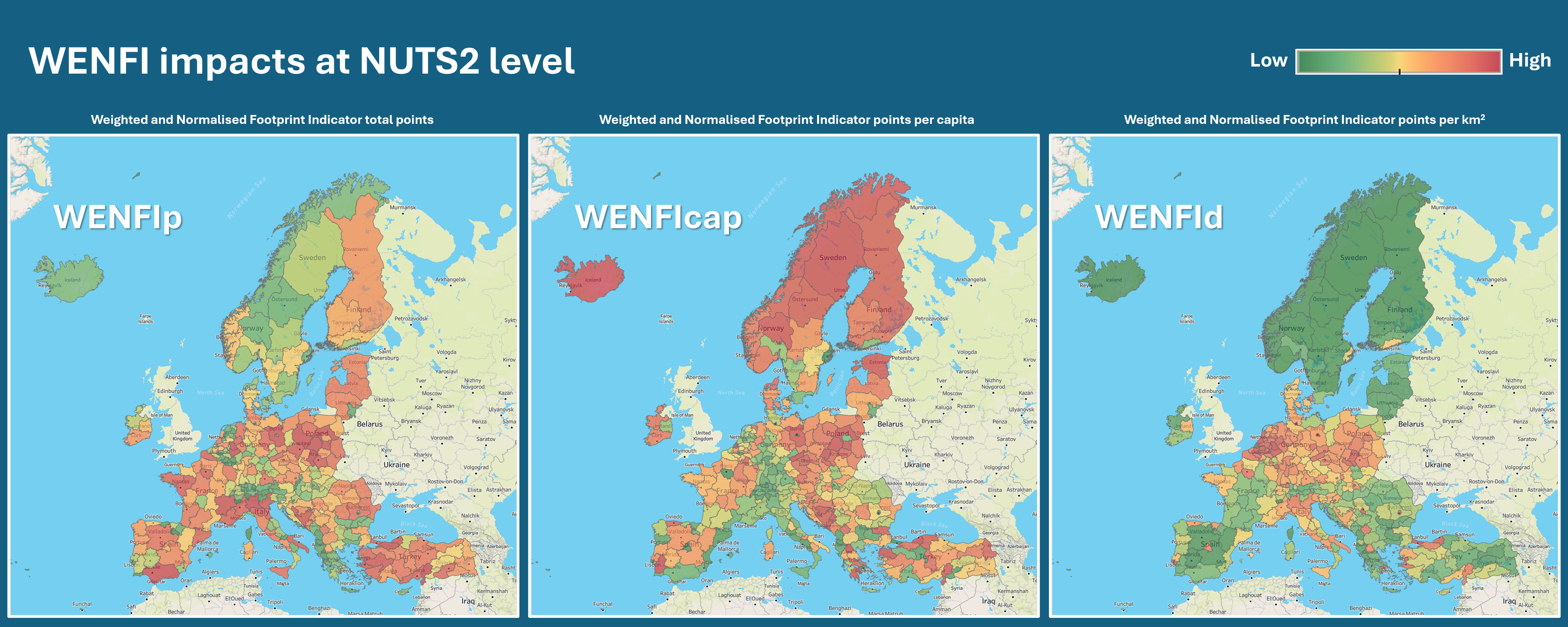Mapas de los impactos WENFI a nivel NUTS 2: puntos totales, puntos per cápita y puntos por km²